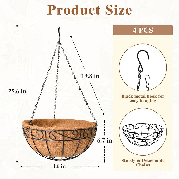 4 Pack Hanging Planter for Outdoor Plants 14 inch Metal Hanging Flower Basket with Coco Coir Liner Round Wire Plant Holder Chain Flower Pots Outdoor Garden Decoration Watering Hanging Baskets（HB）