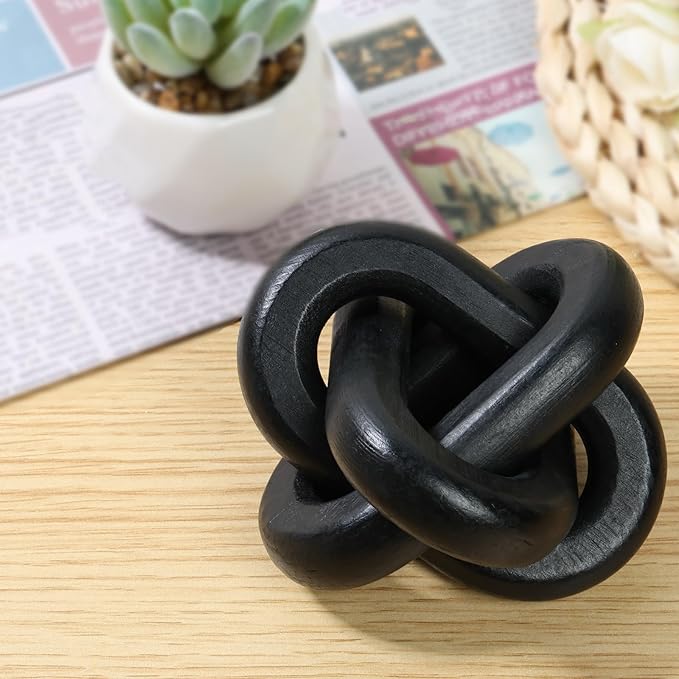 Wood Chain Link Decor 3 Link Wood Knot Decor Wood Knot Art Decorative Wooden Links Knots Rustic Wood Chain Link Decor for Living Room Bedroom Office Decorations (Black)