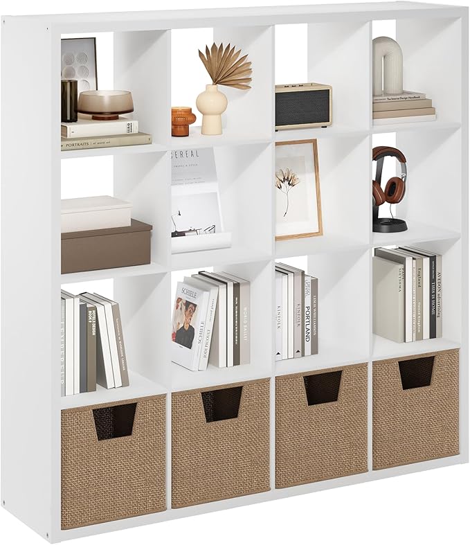 Furinno Cubicle Book Shelf, 16-Cube Bookshelf, Extra Thick Frame Reversible Bookcase with Open Back, 14.6" x 58" x 58", for Living Room, Bedroom, Home Office, White