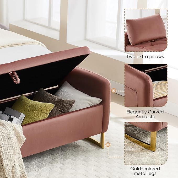 65" Storage Bench for Bedroom, Velvet End of Bed Bench, King Size Bed Benches for Foot with Tufted Button and Gold Legs, Upholstered Window Ottoman Benches with Armrests, Rose Gold