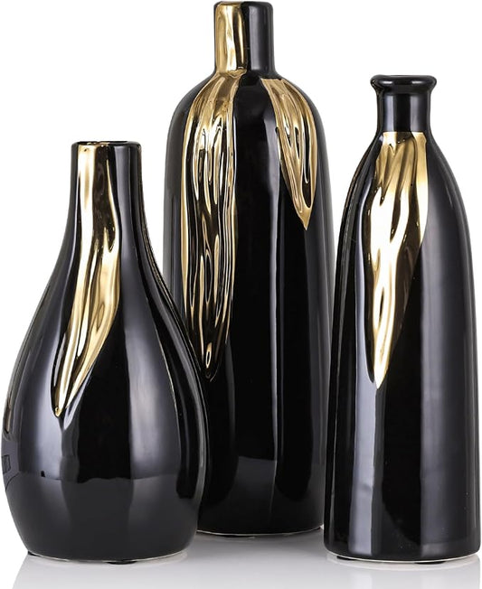 Ceramic Vase 3 Piece Set, Gold and Black Vases for Home Decor, Decorative Vases for Mantel, Shelf and Entryway Decor, Dining Table Centerpieces, Living Rooms, Fireplaces and Kitchen Decor.