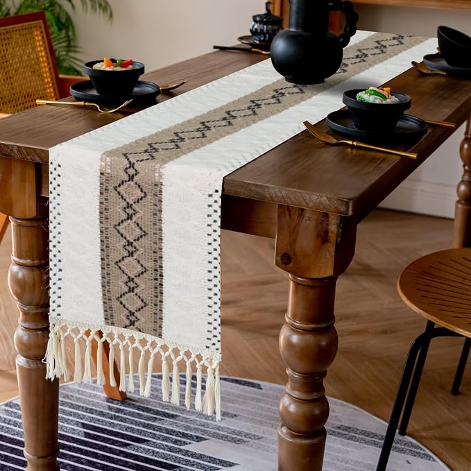 EMMTEEY Macrame Table Runner Boho Style - Cotton Linen, Hexagonal Grid with Tassels, Heat Resistant & Scratch Proof for Dining Table, Bedroom, Home Decor (12x72 Inch, White Brown)