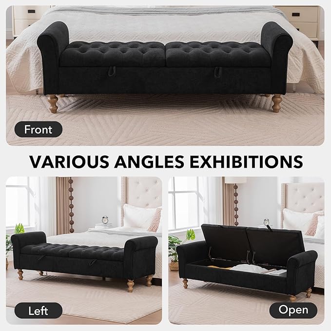 65" Oversize Storage Ottoman Bench, Fleece Upholstered End of Bed Benches with Rolled Armrest, Modern King Size Benches with Rolled Armrest, Window Bench (Black+Dual-Cover)
