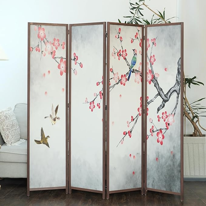 Furnnylane 4 Panel Room Divider for Room Separation, 5.6 ft Tall Double Sided Blackout Folding Privacy Screen for Home Office - Freestanding Partition with Magnolia and Plums Scenery (67" H x 63" W)