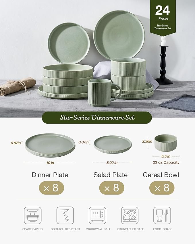 Famiware Star 24-Piece Reactive Glaze Plates and Bowls Sets, Service for 8 - Stoneware Dinnerware Set, High Edge Ribbed Dishes, Chip & Scratch Resistant, Microwave & Dishwasher Safe, Matte Sage Green