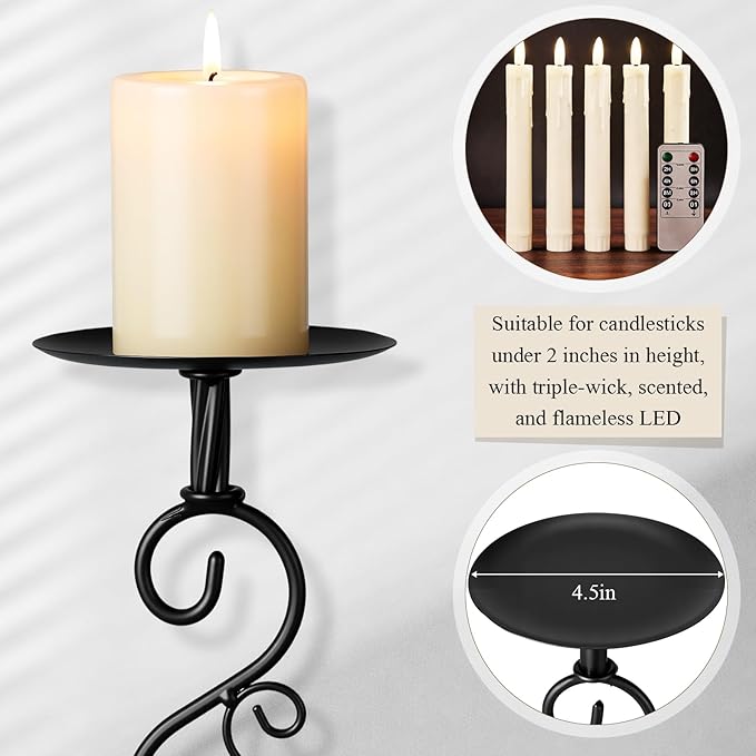 Set of 3 Black Iron Candlestick Holder Metal Vintage Candle Holder 11.8, 9.8, 6.3 Inch Tall Decorative Wrought Iron Pillar Candle Sconce Home Decor Wedding Dinning Party Anniversary(Classic)