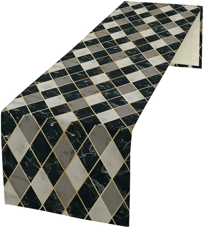 Marble Table Runner,White Grey Black Gold Geometric Diagonal Marble Pattern Table Runner for Coffee Table Dining Room Table Bedroom Party Holiday Decor 13x108inch