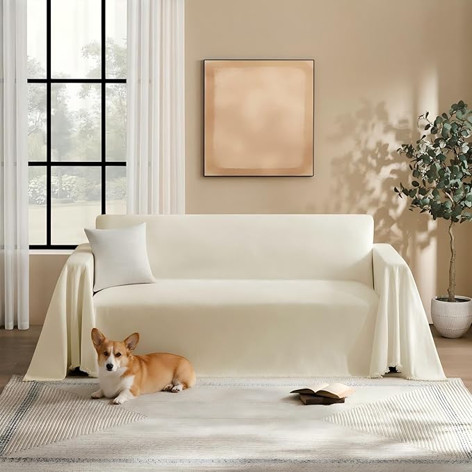 Couch Cover for Dogs Sectional Sofa Covers Washable for 2 Cushion Couch, Chenille Couch Cover Blanket, Sectional Sofa Slipcovers, Multi-Use Furniture Protector for Kids, Pets, 91" X118", Beige