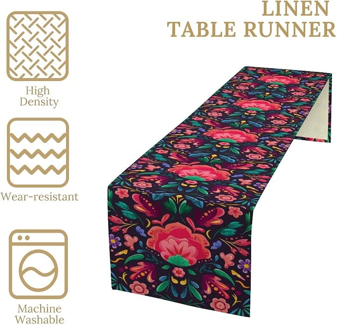 YCness Mexican Fiesta Table Runner Colorful Floral Plants Traditional Pattern Traditional National Ornament Table Runner for Party Living Room Home Bedroom Kitchen, 13x36 Inch
