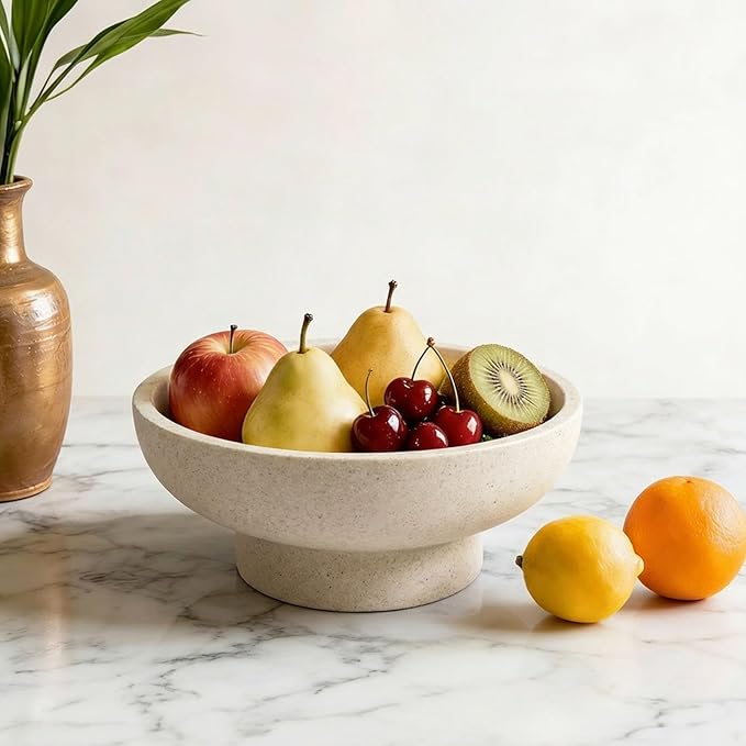 Catch All Decorative Fruit Bowl with Pedestal —Key, Purse & Trinket Holder | Entryway Table, Kitchen Counter, Coffee Console Decor | Modern Minimalist Artificial Stone Beige