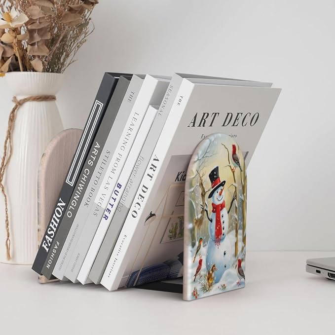 Christmas Snowman Winter Birds Snow 2 Pack Wood Decorative Bookends 6.7x4.2 in, Book Ends for Home Office Library Shelves Decor Room Kitchen Desktop