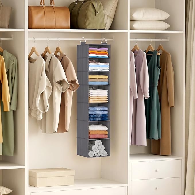 Lifewit 7 Tier Hanging Closet Organizer and Storage for Shelves, Foldable Clothes Storage Shelf with 2 Sturdy Hooks for Clothing Organization, Dorm Room Essentials for Guys, Gray