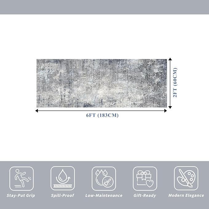 2x6 Non-Slip Washable Kitchen Runner Rug – Modern Coastal Abstract Carpet Runner for Hallway Bedroom Bathroom Laundry Room Entryway – Low-Pile Thin Rubber Backed (Blue Gray 2x6)