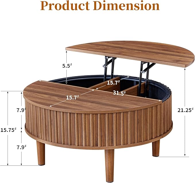 Janmer Home Round Lift Top Coffee Table with Storage, Fluted Mid Century Modern Coffee Tables, Small Space,31.5" Wooden Center Table for Living Room, Apartment, Office (Walnut)