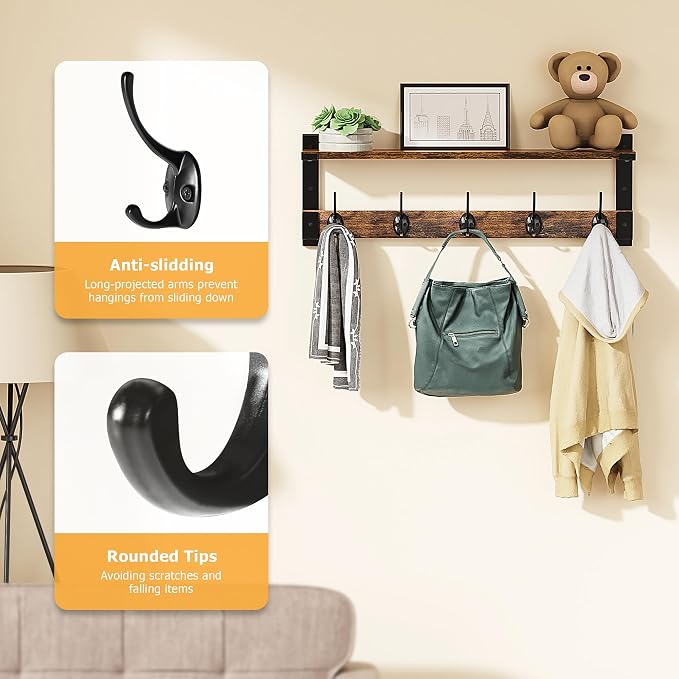 Oraich Coat Rack Wall Mount with Hooks and Shelf for Coat, Backpack, Key, Clothes Hanger, Wall Floating Shelf for Entryway, Living Room, Bathroom, Bedroom, Kitchen