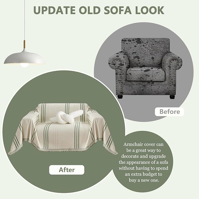 DREAMINGO Chenille Armchair Cover Jacquard Sofa Covers Washable Furniture Protector Recliner Couch Cover 1 Cushion Reversible Chair Cover Beige Green Striped Couch Cover Blanket 71"x 71"