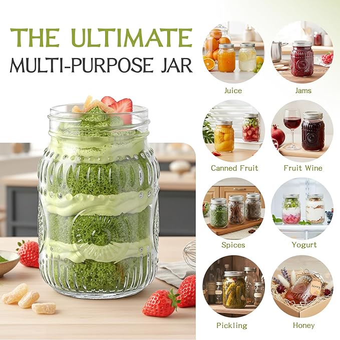 16oz Glass Mason Jars with Embossed Pattern, 15-Pack Pint Canning Jars with Airtight Lids for Fermenting,Overnight Oats,Pickling,Preserving,Ideal for Centerpieces,DIY Crafts,or Wedding Favors