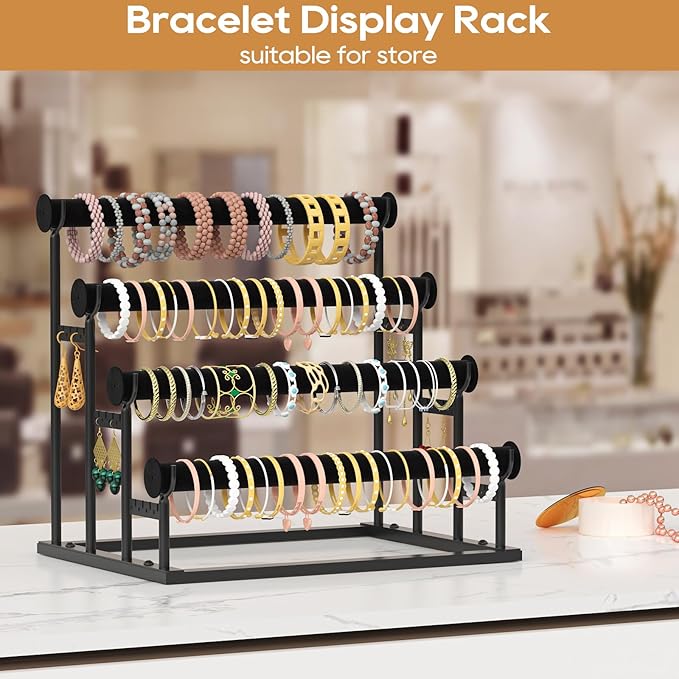 ORLESS 4 Tier Bracelet Holder, 2 Pack Detachable Velvet Jewelry Display Stand, T-Bar Necklace Storage Organizer Display Stand, Metal Bracelet Holder Display for Bangles Bracelets Scrunchies(Black)