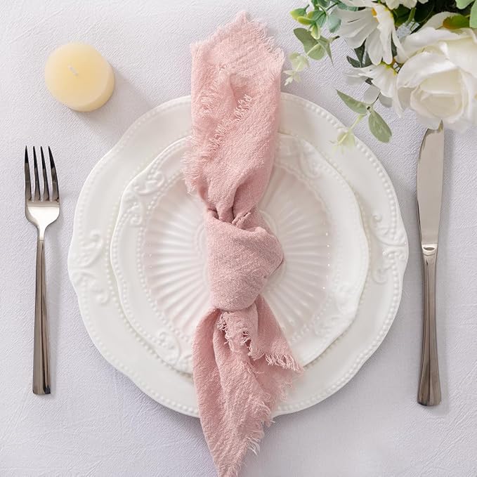 Socomi Set of 6 Linen Napkins Dusty Rose Easter Spring Cloth Napkins Washable Cotton Dinner Napkins Fringe 17"x17" for Wedding Party Bridal Baby Shower Birthday Table Decorations