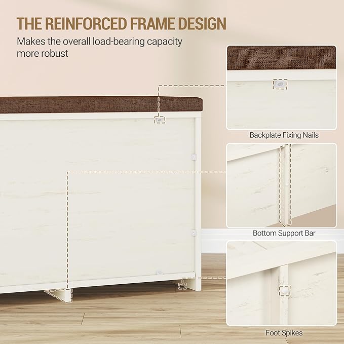 Hzuaneri 2 Tier Shoe Storage Bench with Doors, 59" Farmhouse Shoe Bench with Padded Cushion, 12-16 Pairs of Bed End Bench, Entryway Bench with Storage for Bedroom, Living Room,Rustic White SB61514KA