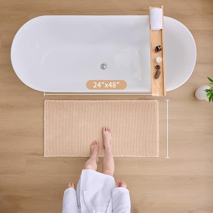 ILANGO Upgraded Waffle Bathroom Rugs,Super Absorbent Boho Non Slip Runner Bathroom Mats Quick Dry,Ultra Soft Machine Washable Mat with Tassels for Hallway,24x48,Beige