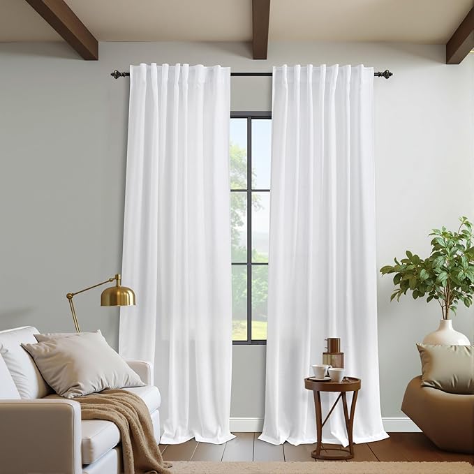 KOUFALL White Linen Sheer Curtains Drapes 96 Inches Long 2 Panels for Living Room 96 Inch Length Semi Light Filtering Curtains for Bedroom