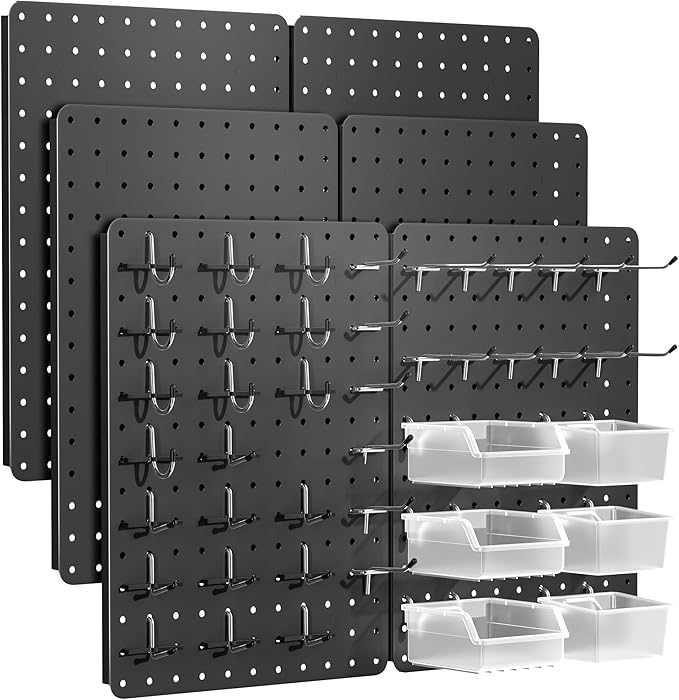 Peg Board for Tools, 6 Pack Metal Pegboard Wall Organizer with Hooks,16"×12" Black Pegboard Panels for Walls Home, Garage Tool Storage, Kitchen, Office Organization, Craft Room
