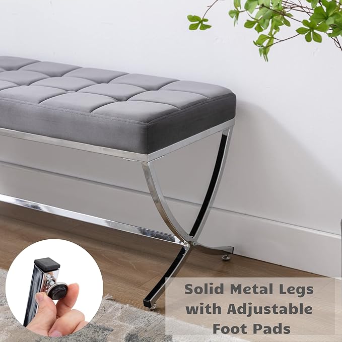 HEAH-YO Modern Dining Bench for Table, Button Tufted Ottoman Bench with Metal Legs, Upholstered Velvet Fabric Footstool for Living Room Entryway, Grey