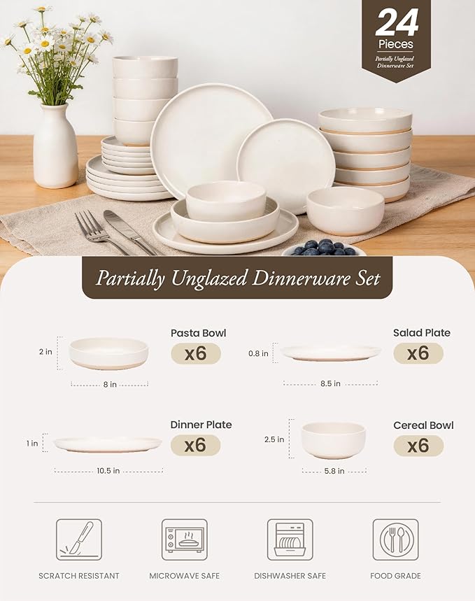 OTAGO 24-Piece Dinnerware Sets for 6, Ceramic Plates and Bowls Set with Partially Unglazed Base, Handcrafted Look, Stoneware Dishes Set for Kitchen, White, Dinner & Dining, Microwave & Dishwasher Safe