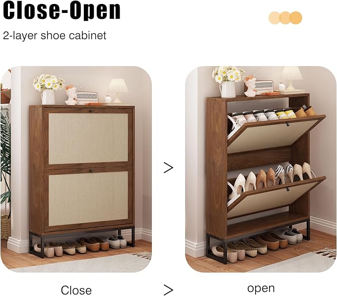 Flip Drawer Shoe Storage Cabinet for Entryway, 25.6" W Freestanding Shoe Rack Organizer with Metal Base, Hidden Narrow Shoe Cabinet for Small Space (Walnut, 2-Drawer-No Divider)