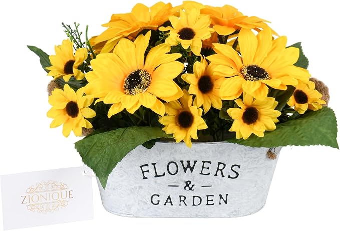Sunflower Decor in Metal Pot – Artificial Sunflowers Bouquet with Cotton Handles, Centerpiece for Desk, Kitchen, Bathroom, Office, Classroom, Living Room, Table Decoration