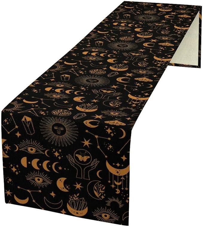 Boho Moon Sun Table Runner, Mystic Witchy Astrology Gold Black Decor Table Runner for Kitchen Dining Party Wedding, 13x36 Inch