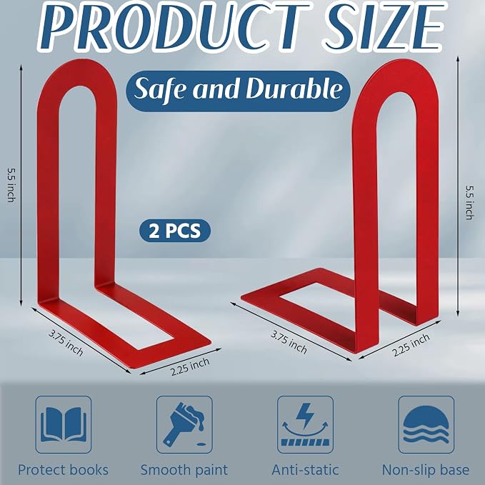 Chunful 2 Pcs Modern Metal Book Ends for Shelves Decorative Small Bookends Book Shelf Organizer Minimalist Design Stopper to Hold Books for Home Office (Red,5.5 * 3.75 * 2.25inch)
