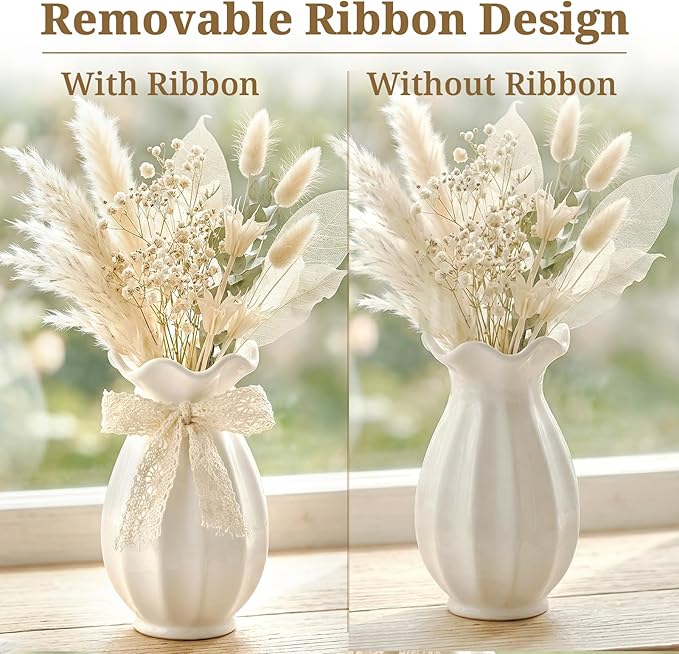 White Ceramic Vase with Ribbon, Flower Vase for Home Decor, Decorative Vases for Bouquet, Modern Farmhouse Centerpiece for Table, Living Room, Wedding Gift