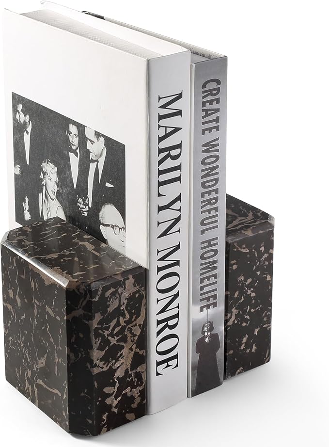 BCS Italy Natural Marble Bookends for Shelves, 7lbs Decorative Book Ends for Heavy Books, Athenian Column Stone Book Holders, Office Bookshelf Stopper Decor for Books, CDs, Video Games (Nero Portoro)