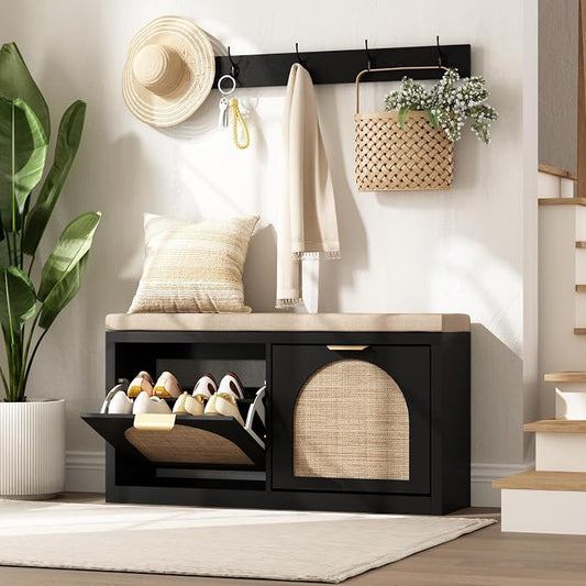 Rattan Narrow Entryway Bench with Shoe Storage, 2 Flip Drawers & Coat Rack, Mid-Century Modern Wood Shoe Cabinet with Seat Cushion for Foyer/Hallway (Black)