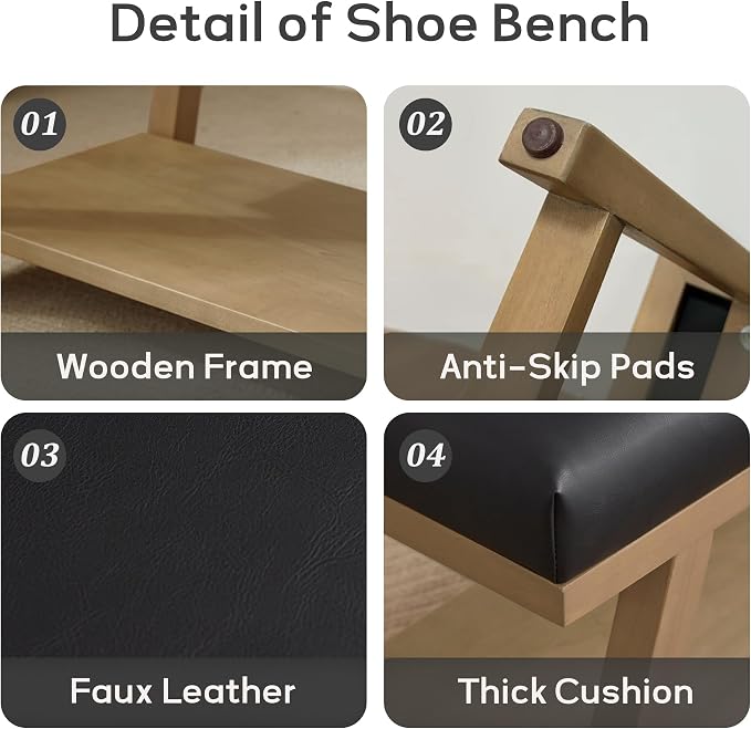 Zihanhome 45" Entryway Bench Upholstered Storage Bench for Bedroom Shoe Rack Bench for Living Room, Hallway, Mudroom, Balcony, Sturdy Indoor Bench Seat Holds Up to 300 lbs (PU-Black)