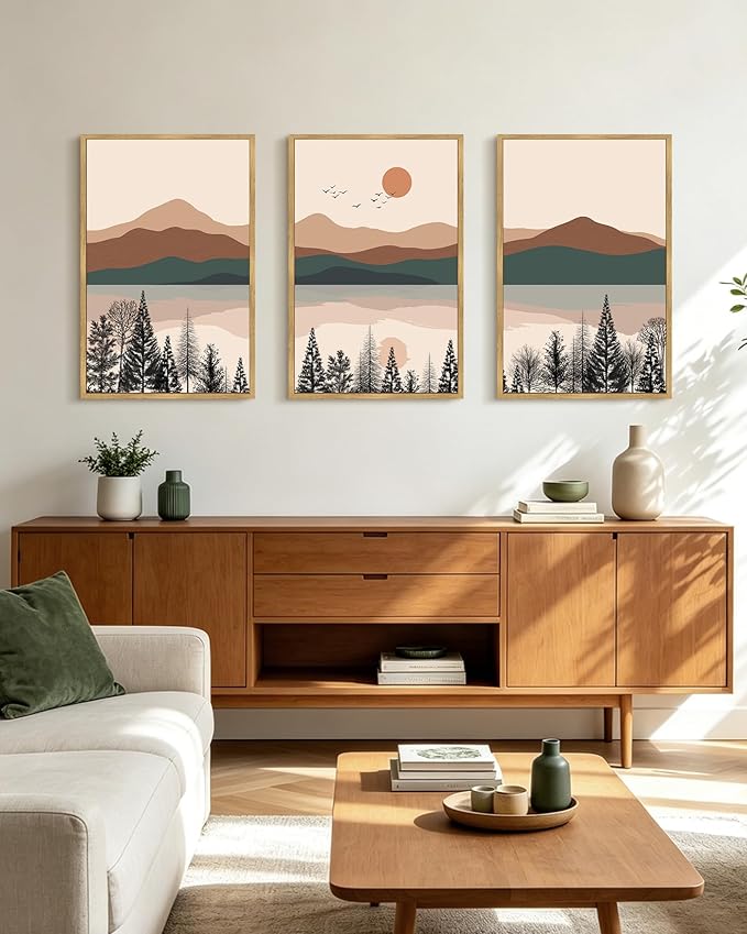 PHOPAGO Mountain Laker Landscape Framed Wall Art Large 16x24in Boho Nature Artwork Paints Bohemain Farmhouse Rustic Living Room Bedroom Decor - Natural Framed
