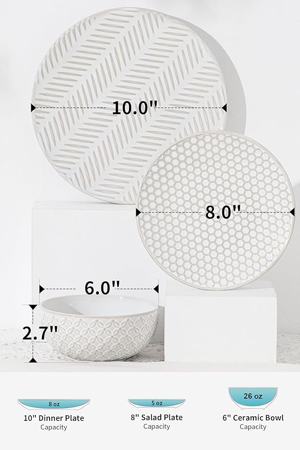 FOBENTA 12 Piece Embossed Dinnerware Sets for 4, Elegant Plates and Bowls Sets, Microwave & Dishwasher Safe, Stoneware for Stylish Home Dining–Perfect Housewarming Gift for Busy Families & Hostesses