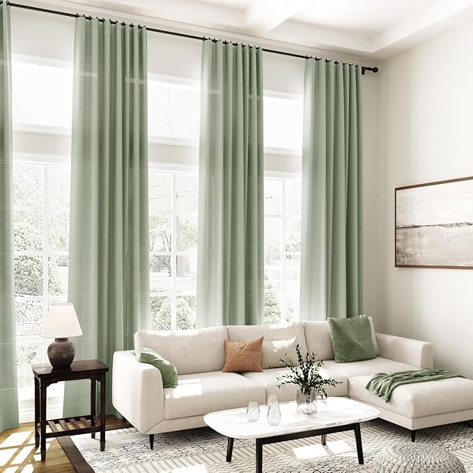 Desert Sage Linen Curtains for Living Room 100 Inches Long Light Filtering Semi Sheer Curtain Back Tab Rustic Farmhouse Decor Elegant Luxury Boho Drapes for Bedroom Dinner Room 52x100, 2 Panels