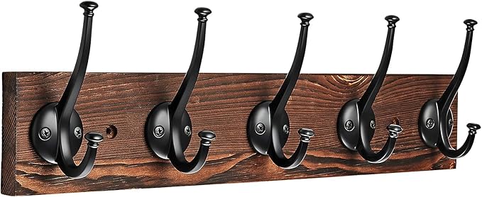 Wall Mounted Coat Rack, Natural Wood Floating Shelf with 5 Heavy Duty Black Metal Hooks, Multi-Purpose Hat, Key, Towel, and Bag Hanger for Entryway, Bathroom, Bedroom, Mudroom