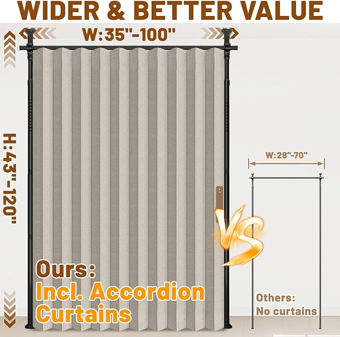 AJAZZ Room Divider Curtain (Cream White, W100 x L96 in,1 Panel)+ Curtain Rods No Drilling Adjustable Tension (H) 43-120×(W) 35-100 in, Heavy Duty Wall Divider for Apartment/Dorm