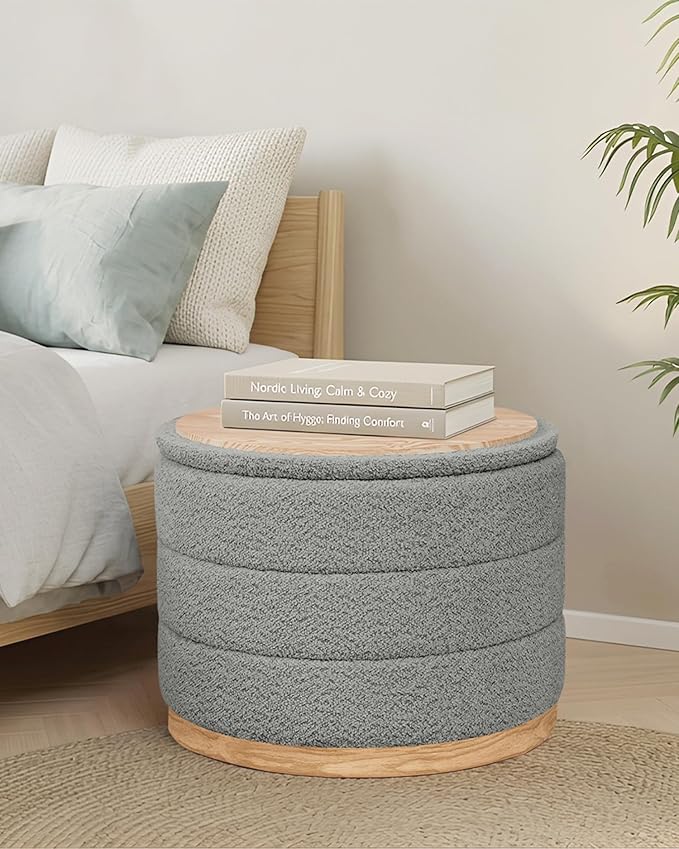 PINPLUS Chenille Folding Ottoman Footstool, Round Storage Ottoman, Soft Fabric, 330 lbs Load Capacity, Large Ottoman for Living Room, Bedroom, Dorm, Grey Colors