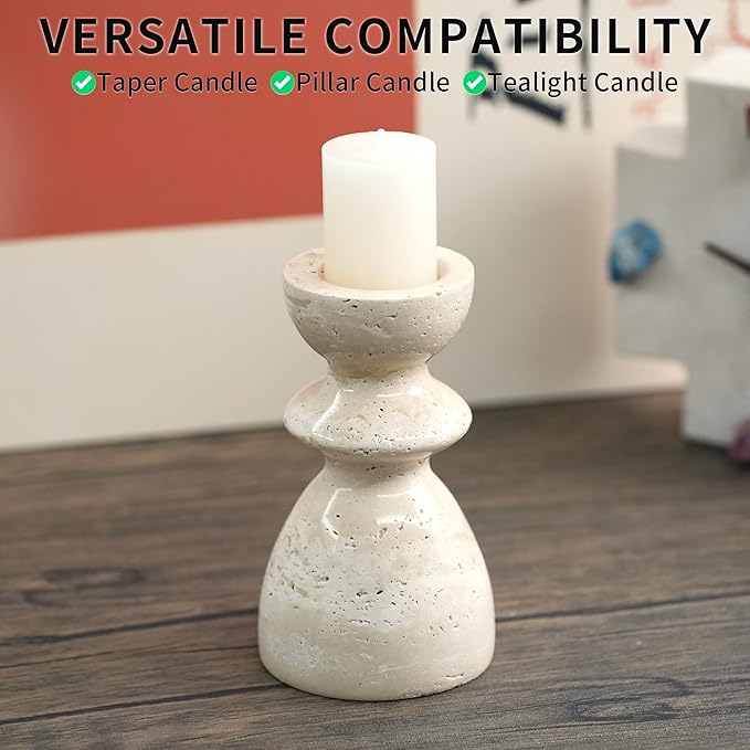 Travertine Marble Candlestick Holders - Stone Candle Sticks Holder Decor, Decorative Modern Candle Stands Multi-Purpose for Taper/Pillar/Tealight/Scented Candles