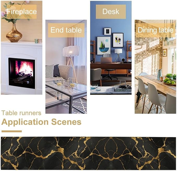 Marble Table Runner, Luxury Black Gold Abstract Textured Marble Table Decoration Runner for Kitchen Dining Cafe Party Wedding, 13x36 Inch