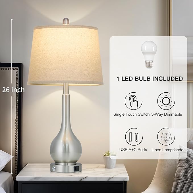 26" Silver Table Lamp for Bedroom, Touch Control Bedside Lamp for Nightstand with Charging Port, 3-Way Dimmable End Table Lamp for Living Room (1 Pack)