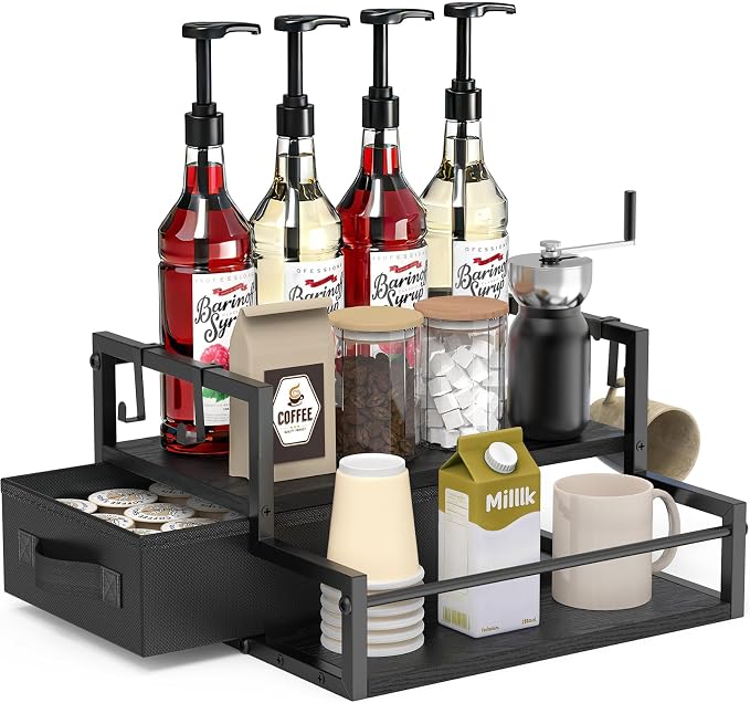 Coffee Syrup Organizer for Countertop, 2-Tier Coffee Bar Organizer with K Cup Storage Drawer, Syrup Rack Station for Accessories, Table Holder Stand for Wine,Tea,Condiment (Classic Black)