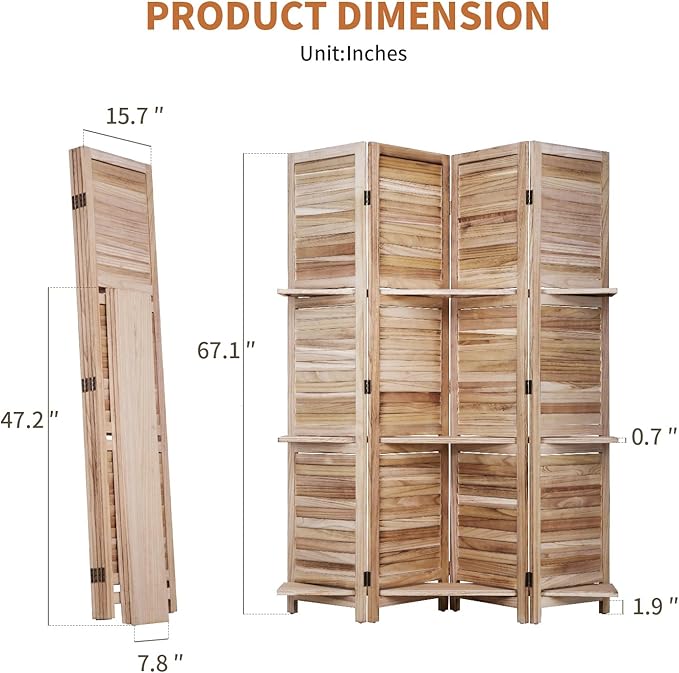 Room Divider 4 Panel Folding Wood 5.6 Ft Tall Privacy Screen Dividers Wall with Three Shelves Portable Partition (Natural)