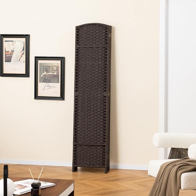 Giantex Room Divider 6 Panel, 5.6ft Folding Privacy Screen, Fully Assembly, Freestanding Wall Partition, Solid Wood Frame, Hand-Woven Texture, Room Dividers for Bedroom Office (Brown, 6 Panel)