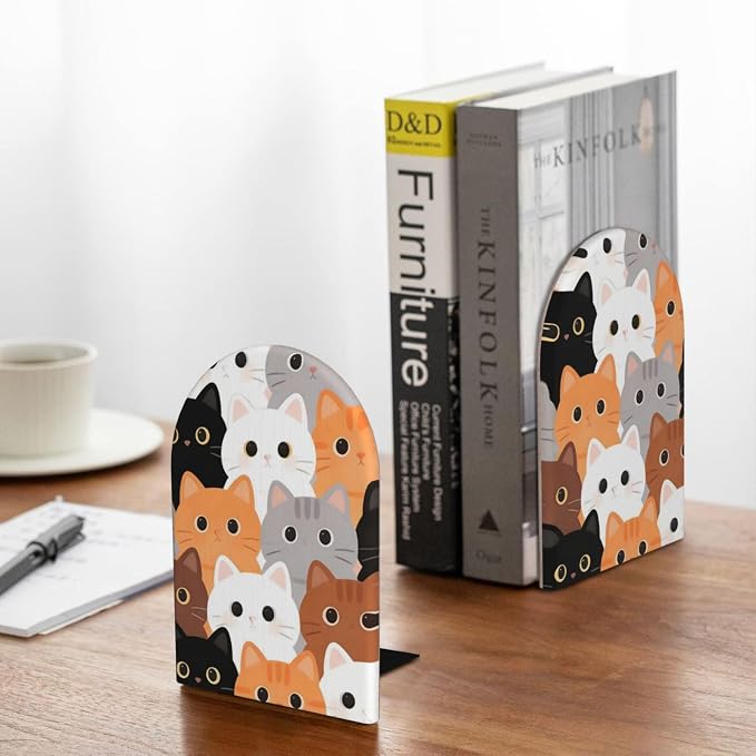 Colorful Cats Cartoon 2 Piece Decorative Bookends 6.7x4.2 in, Book Ends for Home Office Library Shelves Decor Room Kitchen Desktop